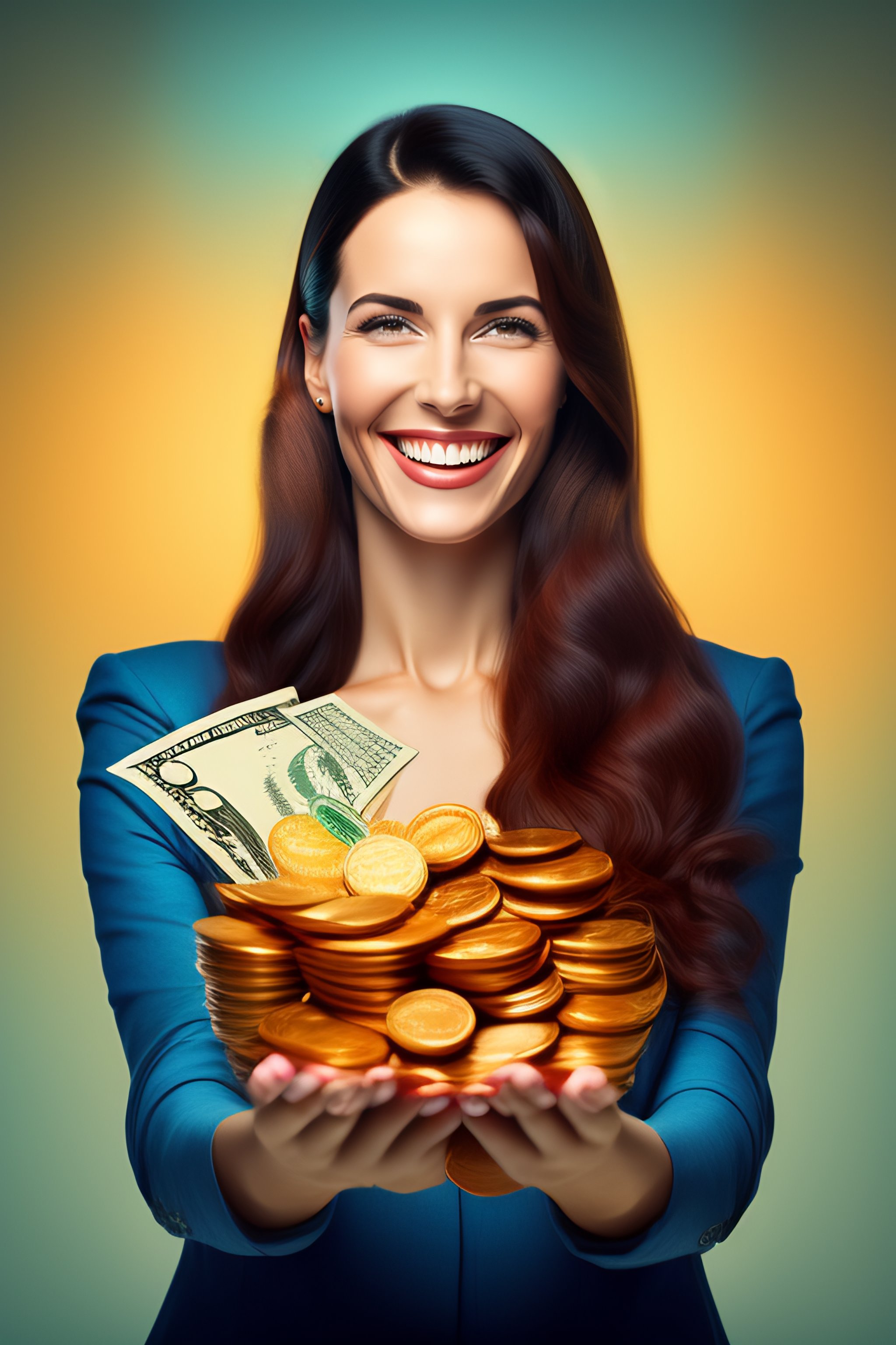 realistic picture of happy woman with a lot of mon